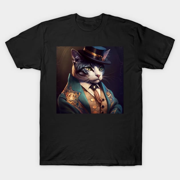 Cat in top hat, jacket and waistcoat T-Shirt by kansaikate